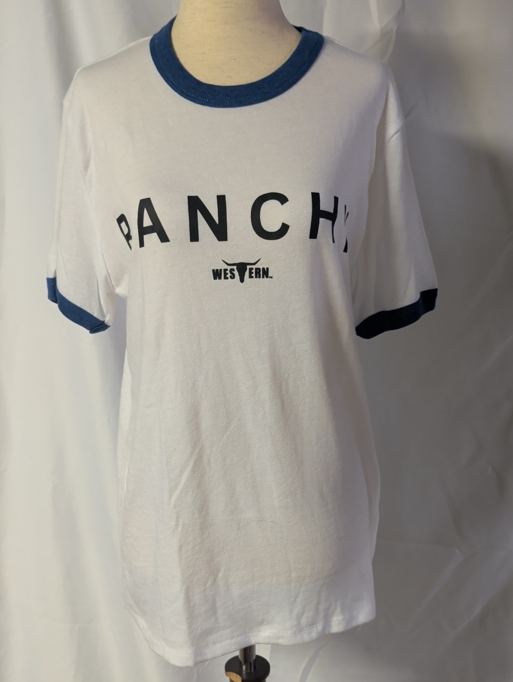 Western T Brand RANCHY White Ringer T-Shirt with Blue Trim